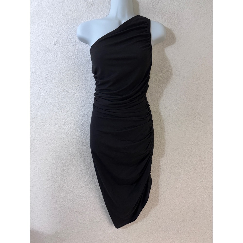 Monica Nera One Shoulder Dress Womens Large Black Ruched Asymmetric Bodycon